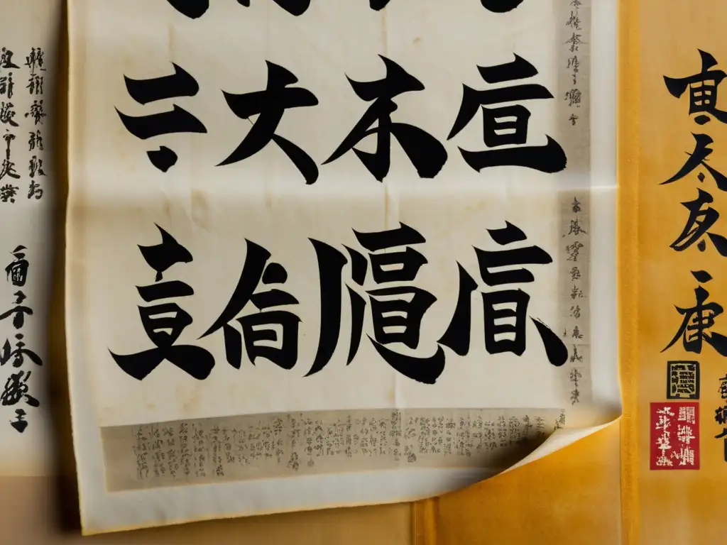 Un antiguo manuscrito samurái con caligrafía japonesa en un pergamino amarillento y desgastado, iluminado suavemente