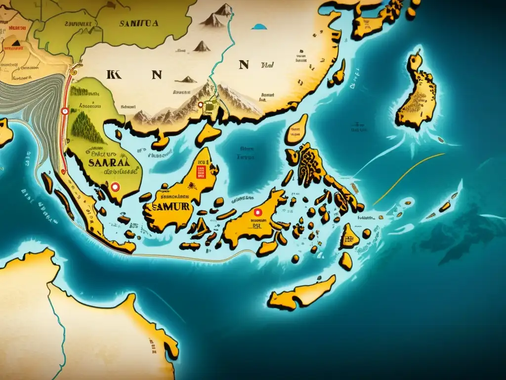 Un antiguo mapa detallado muestra las rutas comerciales de los samuráis, con ilustraciones de barcos, montañas y paisajes japoneses