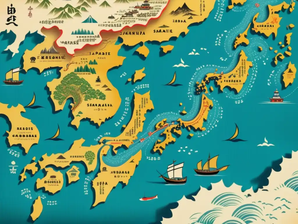 Un antiguo mapa japonés detallado en papel de arroz, muestra rutas comerciales en la era samurái, con ilustraciones de barcos y montañas