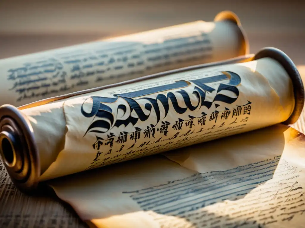 Antiguo pergamino con caligrafía samurái envejecida, evocando la perpetuidad y honor de la literatura universal