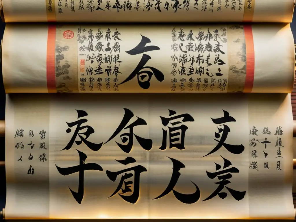 Antiguo pergamino con influencia confuciana en política samurái, envejecido y detallado con caligrafía japonesa y china