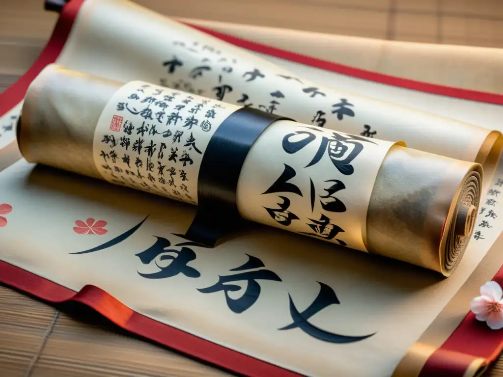 Antiguo pergamino japonés con caligrafía y arte tradicional, representando la instrucción del samurái educación guerrero