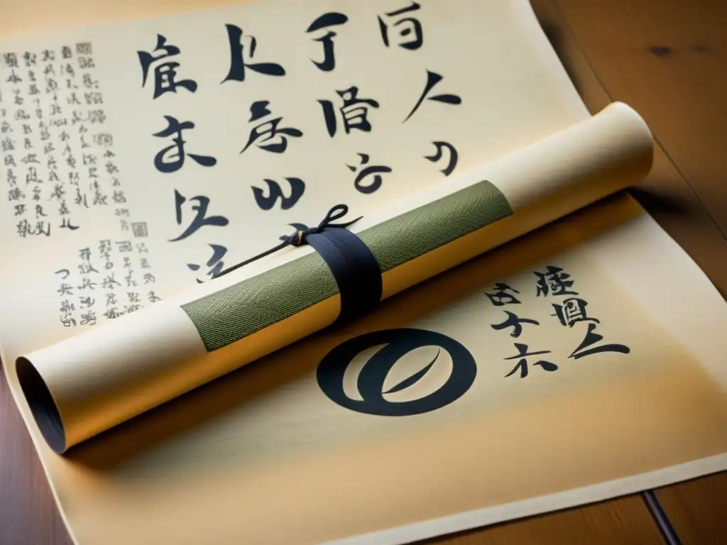 Antiguo pergamino japonés con caligrafía y arte simbólico, reflejando filosofía, artes marciales y el tema del análisis literario libro Cinco Anillos