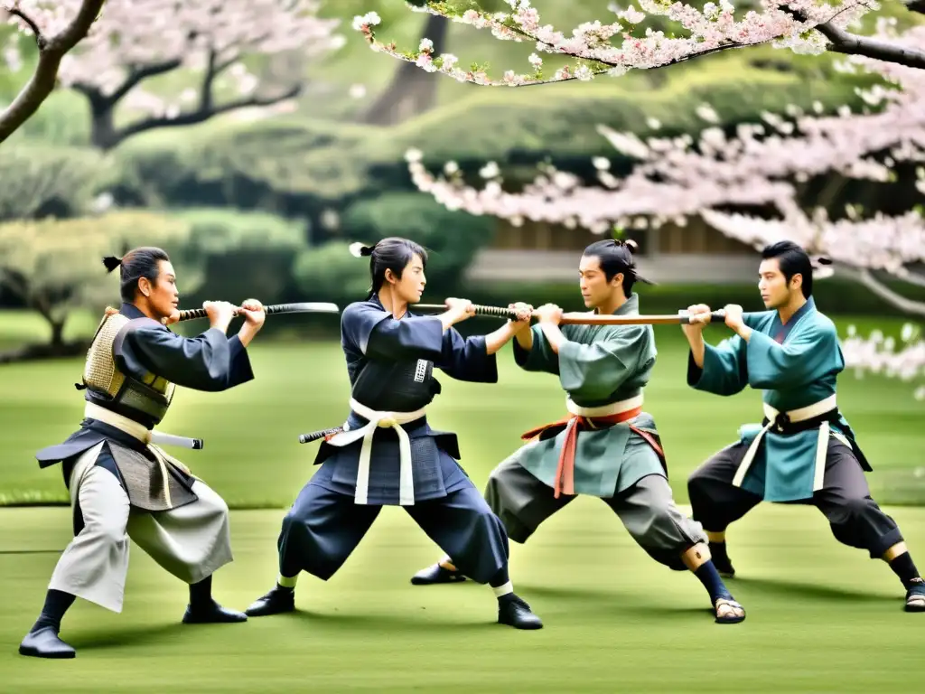 Un antiguo pergamino japonés desplegado muestra samuráis practicando disciplina y honor en un jardín sereno con árboles de cerezo en flor