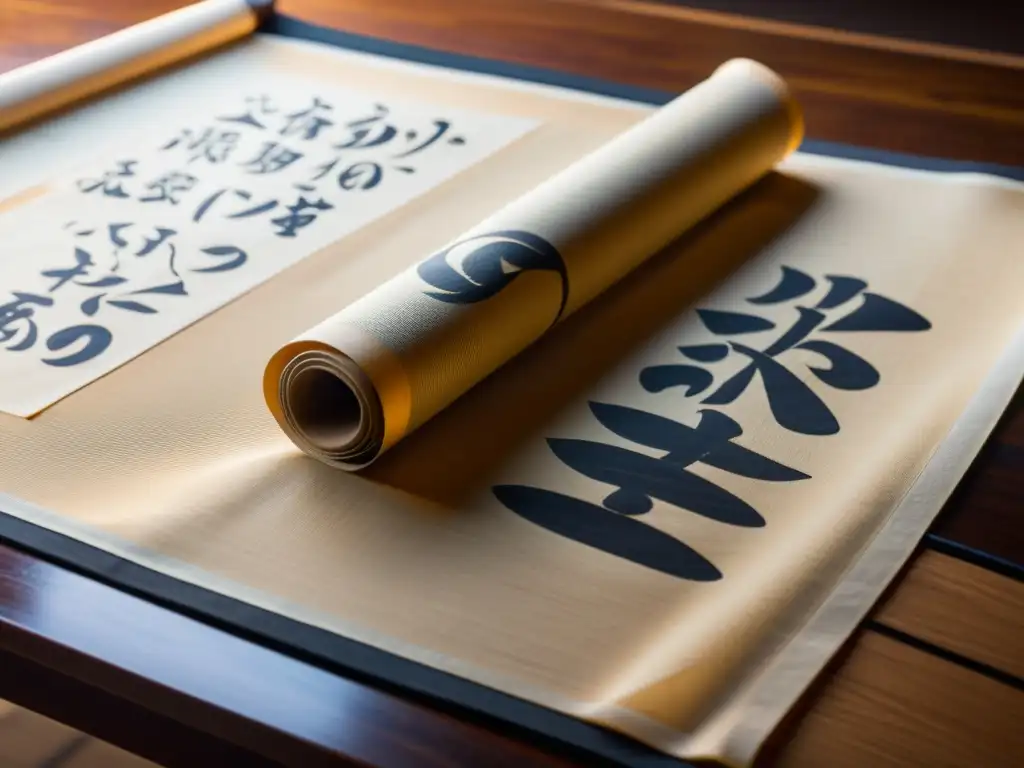 Antiguo pergamino japonés desplegado en mesa de madera, con caligrafía detallada e ilustraciones de técnicas de entrenamiento samurái