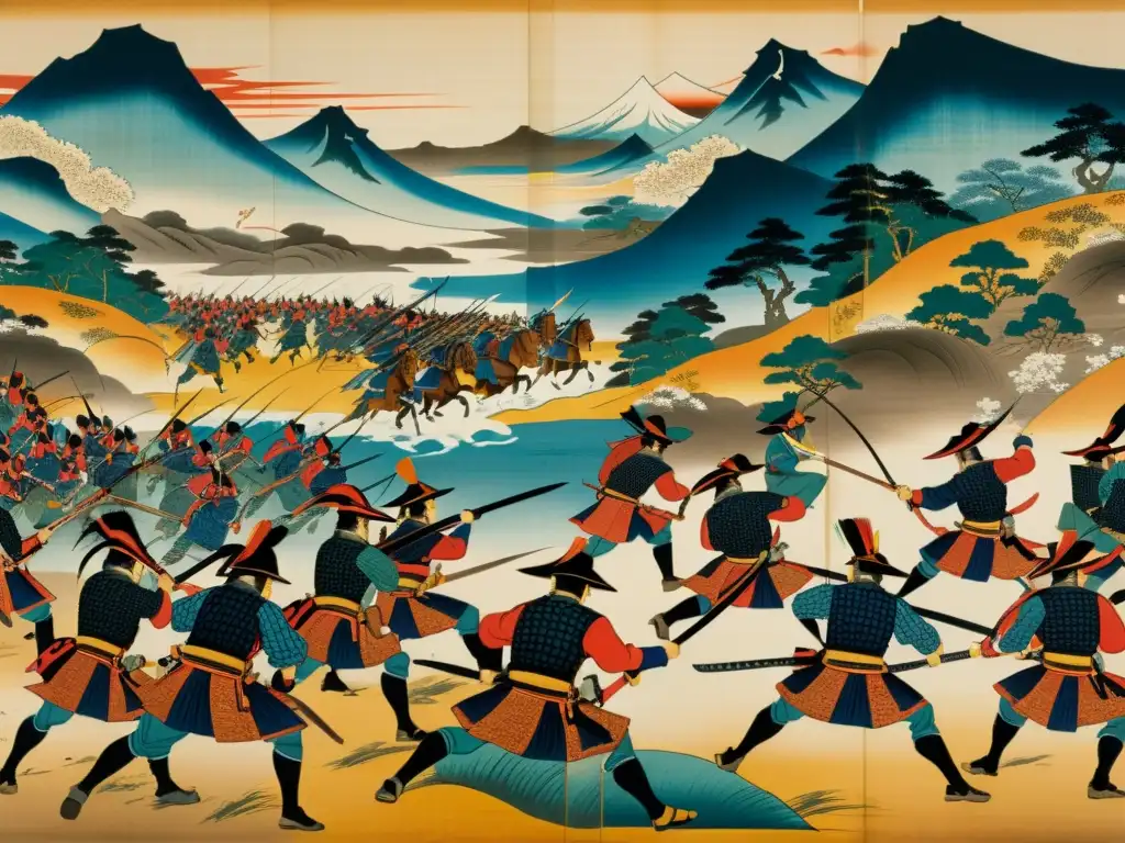 Antiguo pergamino japonés con escena de batalla de samuráis y estrategias militares del shogunato, reflejando intensidad y caos en el campo de batalla