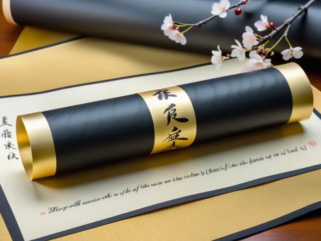 Antiguo pergamino japonés despliega haiku con caligrafía elegante, rodeado de cerezos en flor y la silueta de un samurái