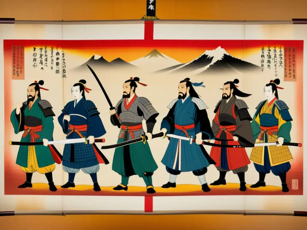 Antiguo pergamino japonés con pinturas de samuráis en tratados de diplomacia y alianzas en el Japón feudal