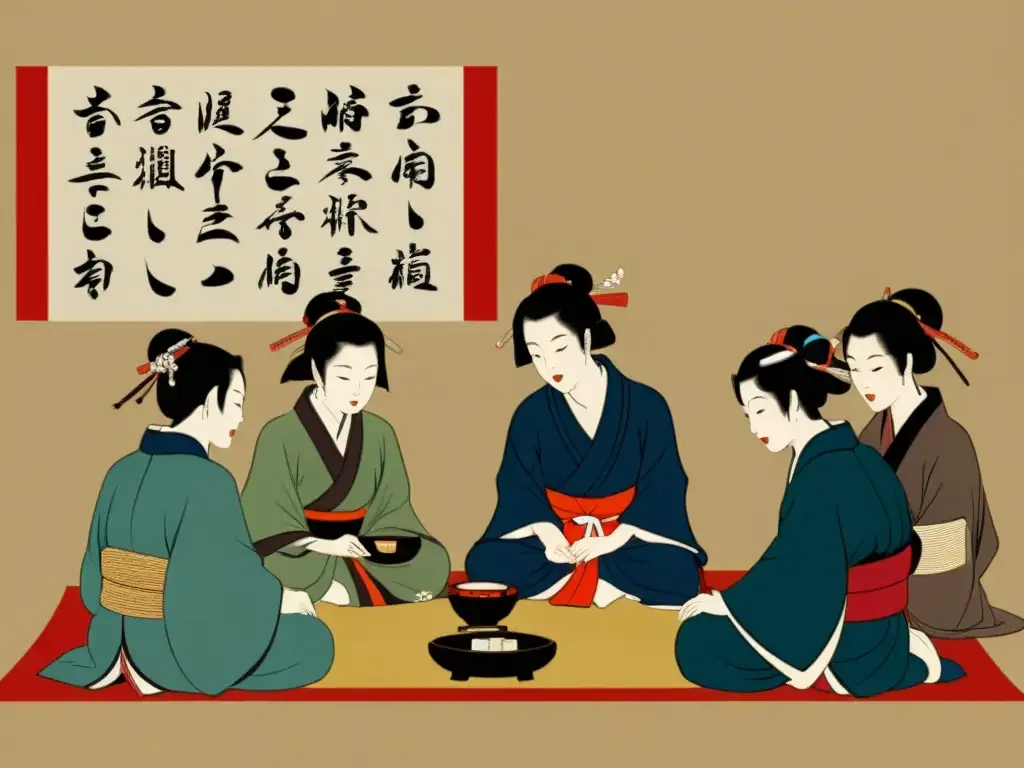 Antiguo pergamino japonés muestra samuráis en ceremonia del té y su legado en la literatura feudal