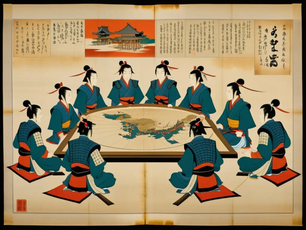 Un antiguo pergamino japonés muestra a samuráis discutiendo estrategias con un mapa