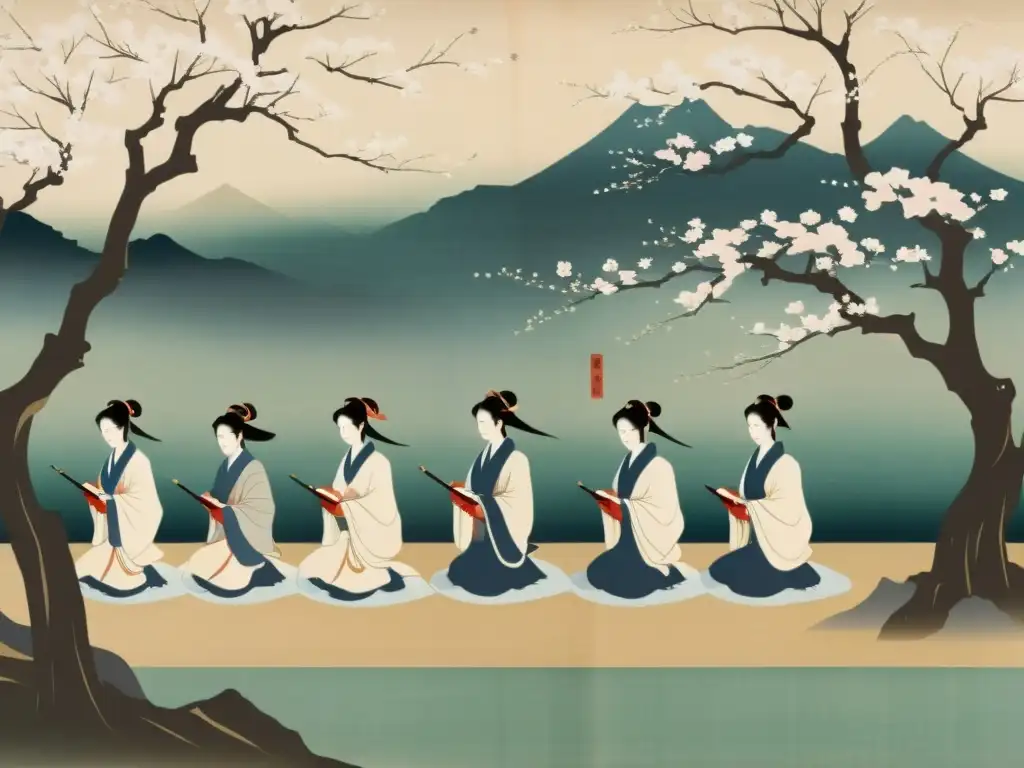 Samuráis en un Jardín de Cerezos: Tradición Poética Jisei Antiguo pergamino japonés muestra la tradición del Jisei en samuráis, en un jardín sereno con cerezos en flor y versos poéticos