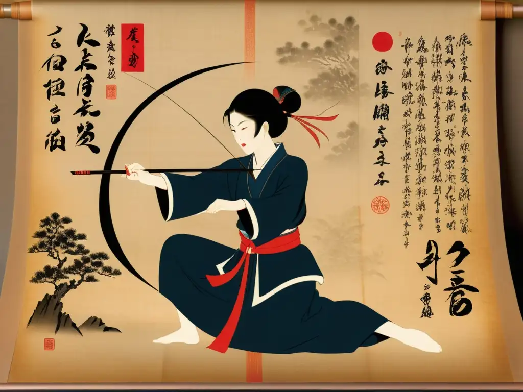 Antiguo pergamino con maestro de kyudo concentrado, rodeado de caligrafía e ilustraciones naturales