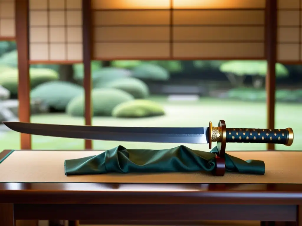 Un antiguo sable japonés katana descansa sobre un soporte de madera, con detalles intrincados y un mango envuelto en seda