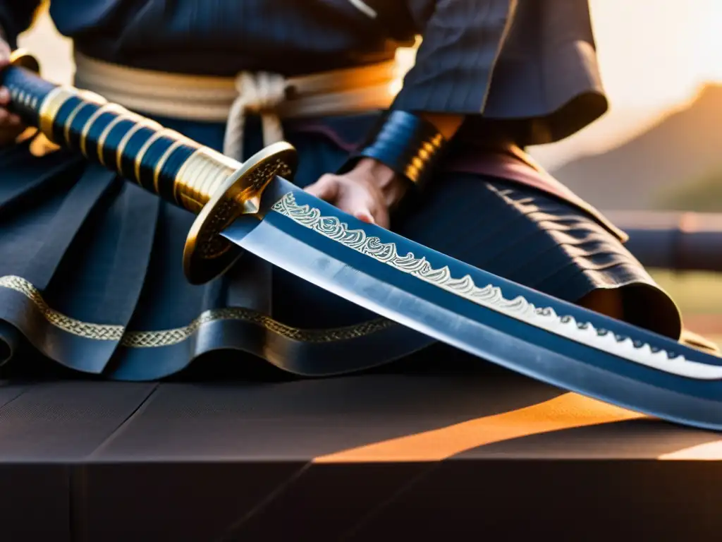 Un antiguo sable samurái descansa en armadura japonesa frente al Monte Fuji