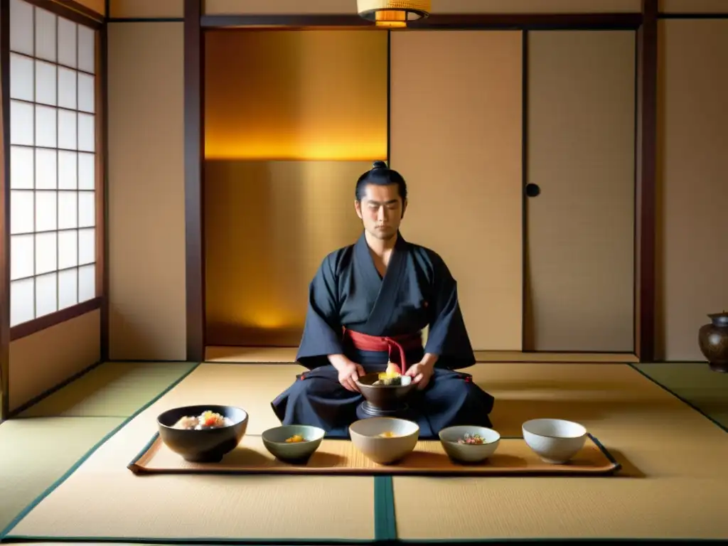 Un antiguo samurái practica la dieta consciente samurái en una habitación tradicional japonesa, rodeado de comida colorida y delicadamente preparada