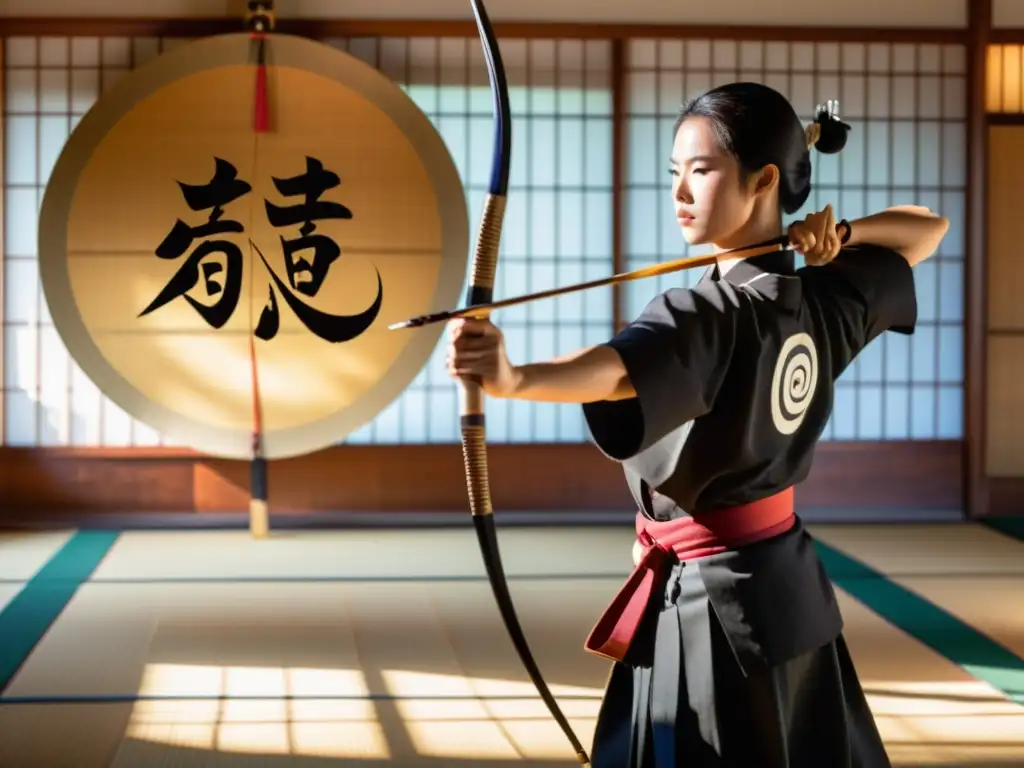 Un antiguo samurái practica kyudo en un dojo japonés, con intensa concentración y la influencia del Kyudo en artes marciales