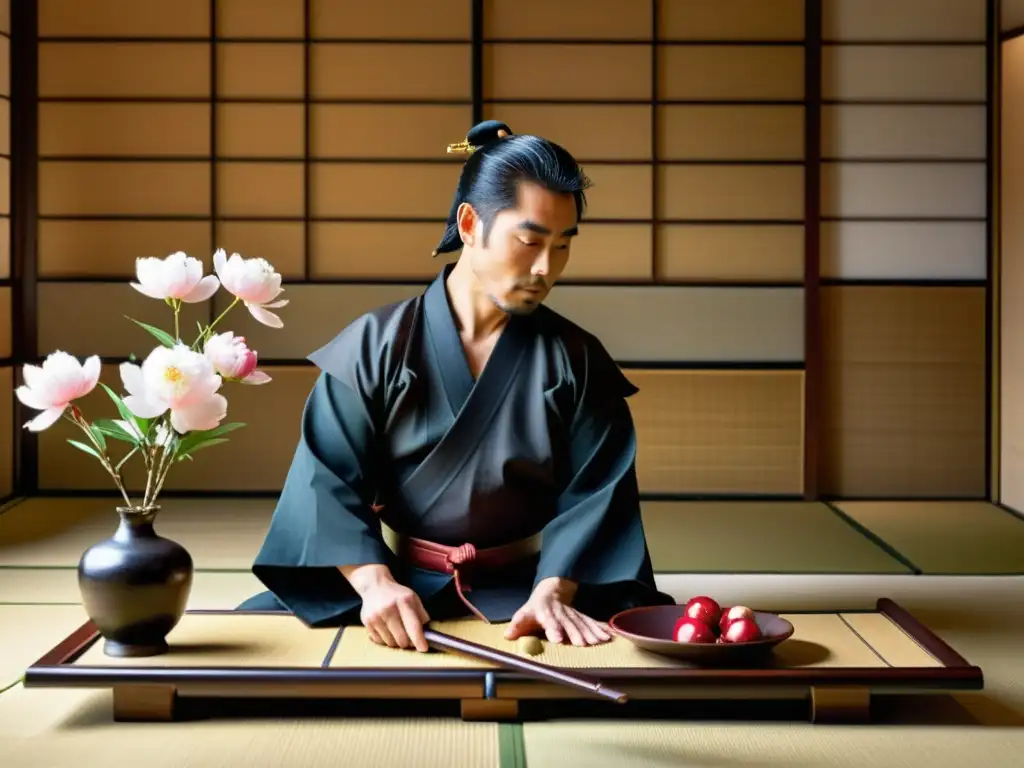 Un antiguo samurái practica ikebana en una habitación tradicional japonesa, expresando disciplina y belleza a través del arte floral