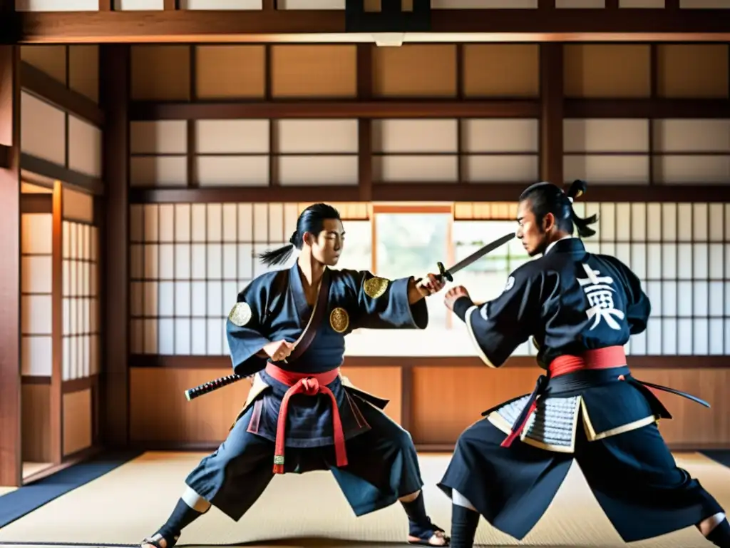 Antiguos samuráis practican kenjutsu en un dojo japonés tradicional, en el Camino del Kenjutsu para Samuráis