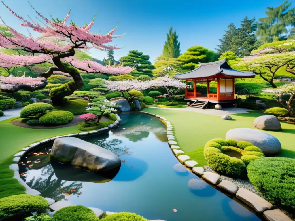 En un apacible jardín japonés, un samurái medita junto a un arroyo, rodeado de naturaleza exuberante y una casa de té tradicional
