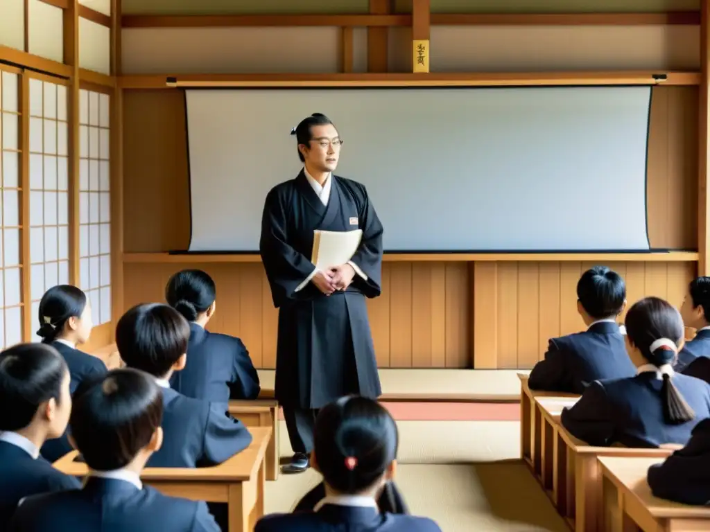 Fukuzawa Yukichi imparte una apasionada lección sobre modernización en la Era Meiji, rodeado de estudiantes atentos en un aula histórica japonesa