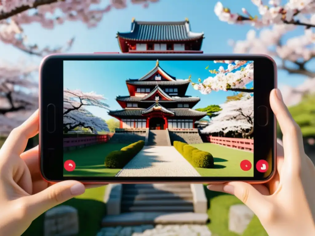 Una app de realidad aumentada muestra un castillo samurái con árboles de cerezo en flor