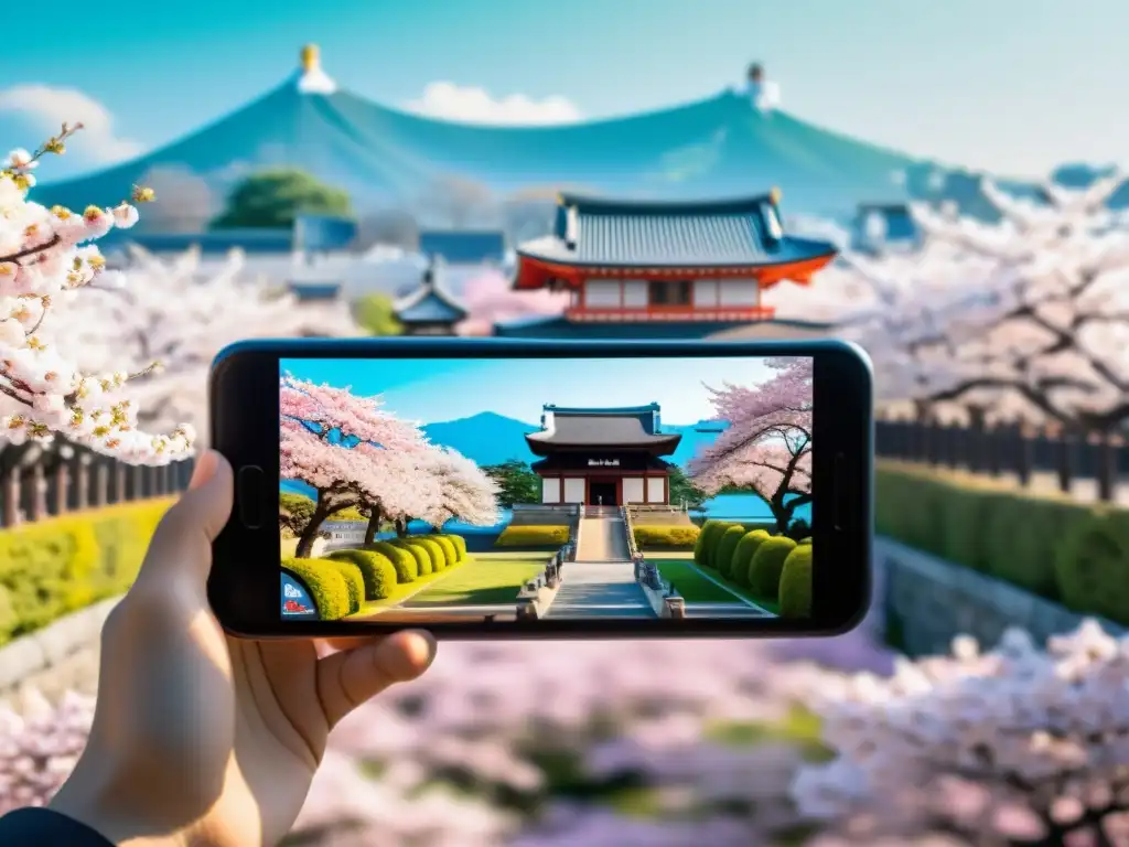 Una app de realidad aumentada transforma una ciudad moderna en un castillo japonés rodeado de cerezos en flor y samuráis animados