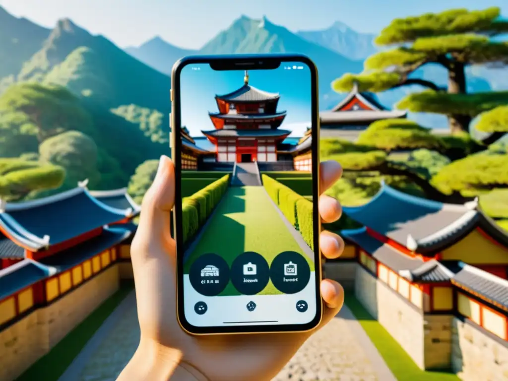 Una app de realidad aumentada transforma el entorno en un majestuoso castillo samurái, con detalles impresionantes integrados en la escena real