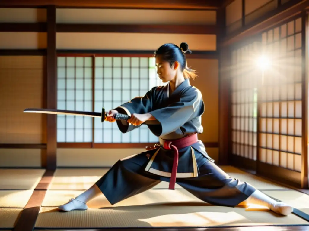 Un aprendiz de samurái practica con una katana en un dojo japonés antiguo, acompañado por su sensei