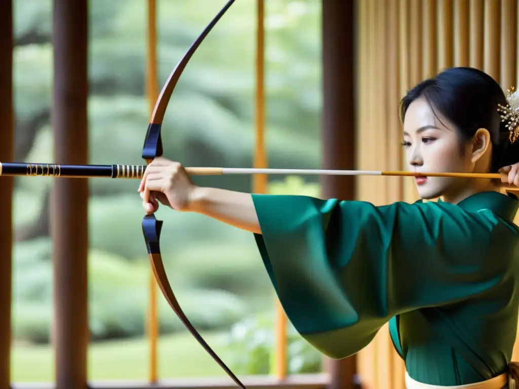 Un arco kyudo japonés tradicional, tallado en bambú y envuelto en seda, bañado por la luz del sol