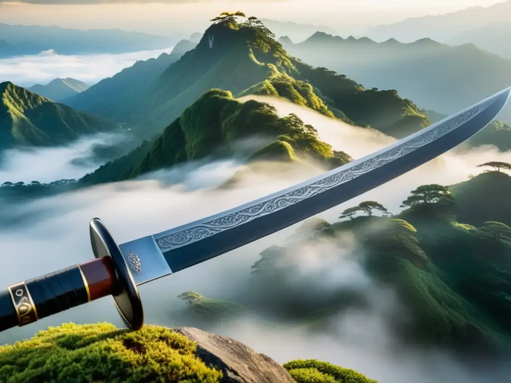 Arma japonesa naginata con paisaje montañoso neblinoso: belleza y filosofía espiritual samurái