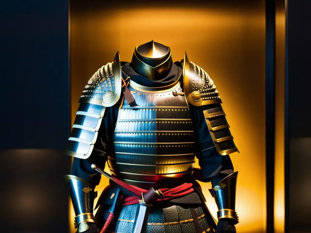 Armadura samurái y katana en museo, resaltando la historia y cultura samurái moderno con detalles meticulosos y ambiente reverente