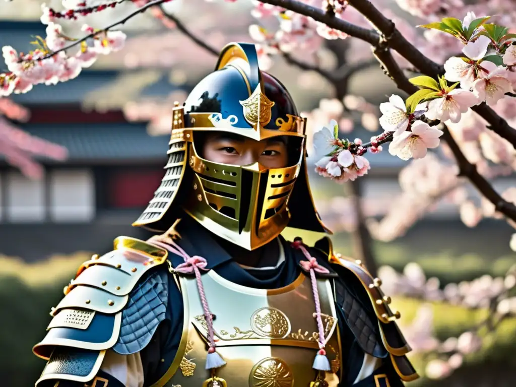 Armadura samurái detallada con cerezos en flor, evocando poder y belleza de Tomoe Gozen guerrera samurai