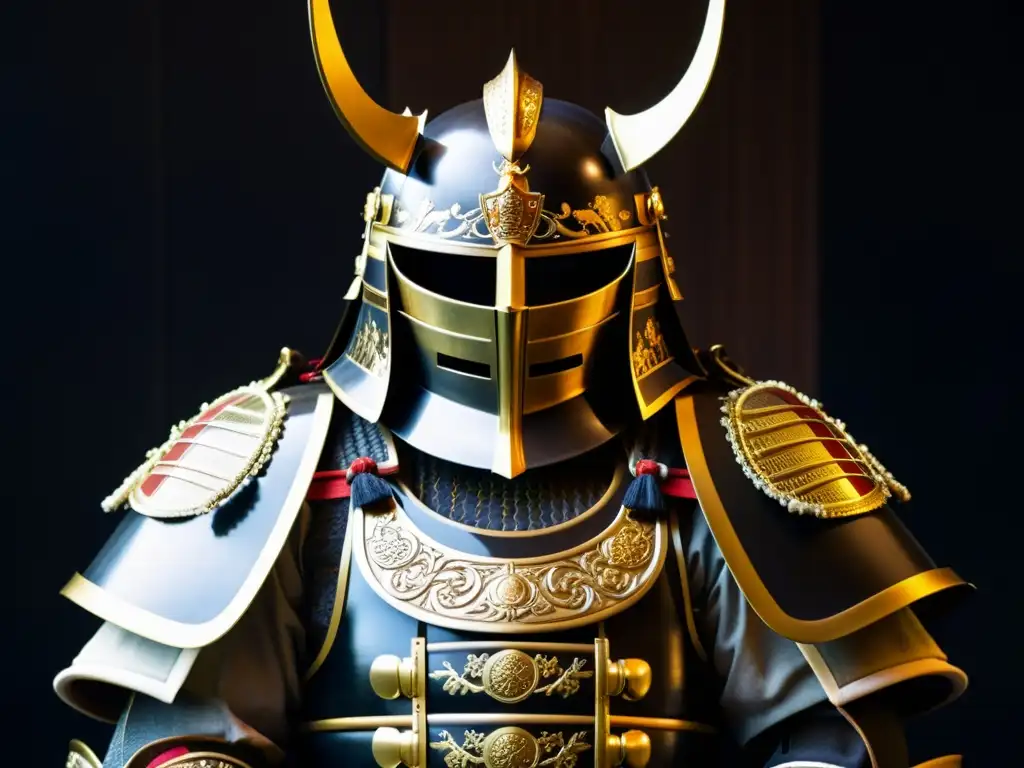 Armadura de samurái: detalle y tradición Una armadura samurái detallada, iluminada en un fondo oscuro, captura la esencia histórica de los guerreros