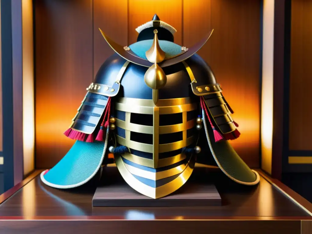 Una armadura samurái detallada, con placas metálicas, sedas coloridas y un casco adornado, resaltando la importancia de las armaduras samurái