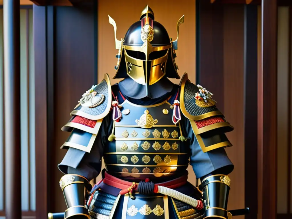 Armadura samurai con detalles de metal y coloridas decoraciones, reflejando su importancia histórica y técnicas de combate y movilidad