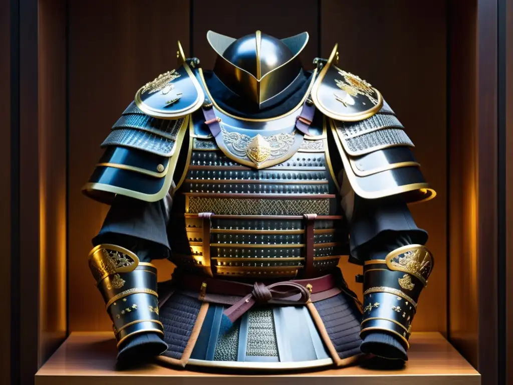Una armadura samurái en un entorno museístico, resplandeciendo en la tenue luz
