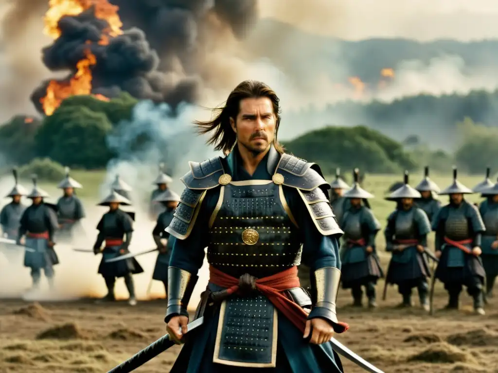 Tom Cruise en armadura samurái en una escena de batalla épica, rodeado de guerreros caídos y humo, capturando la historia de la cultura samurái