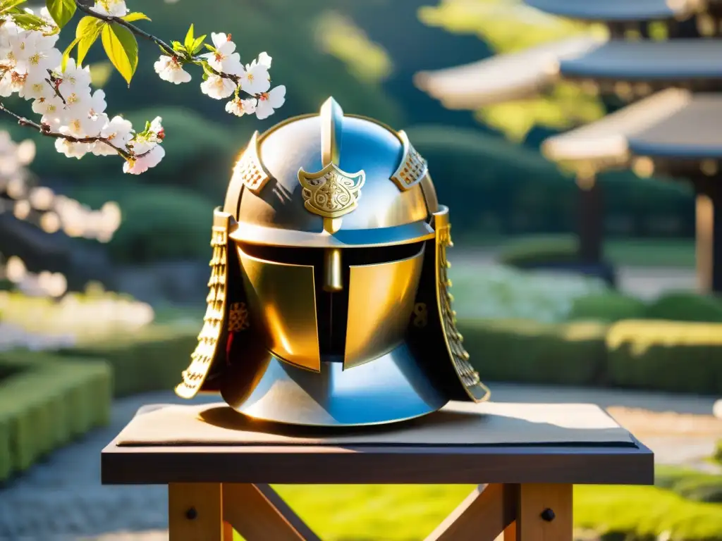 Armadura samurái iluminada por la luz dorada en un jardín japonés, reflejando la ética samurái en la sociedad moderna