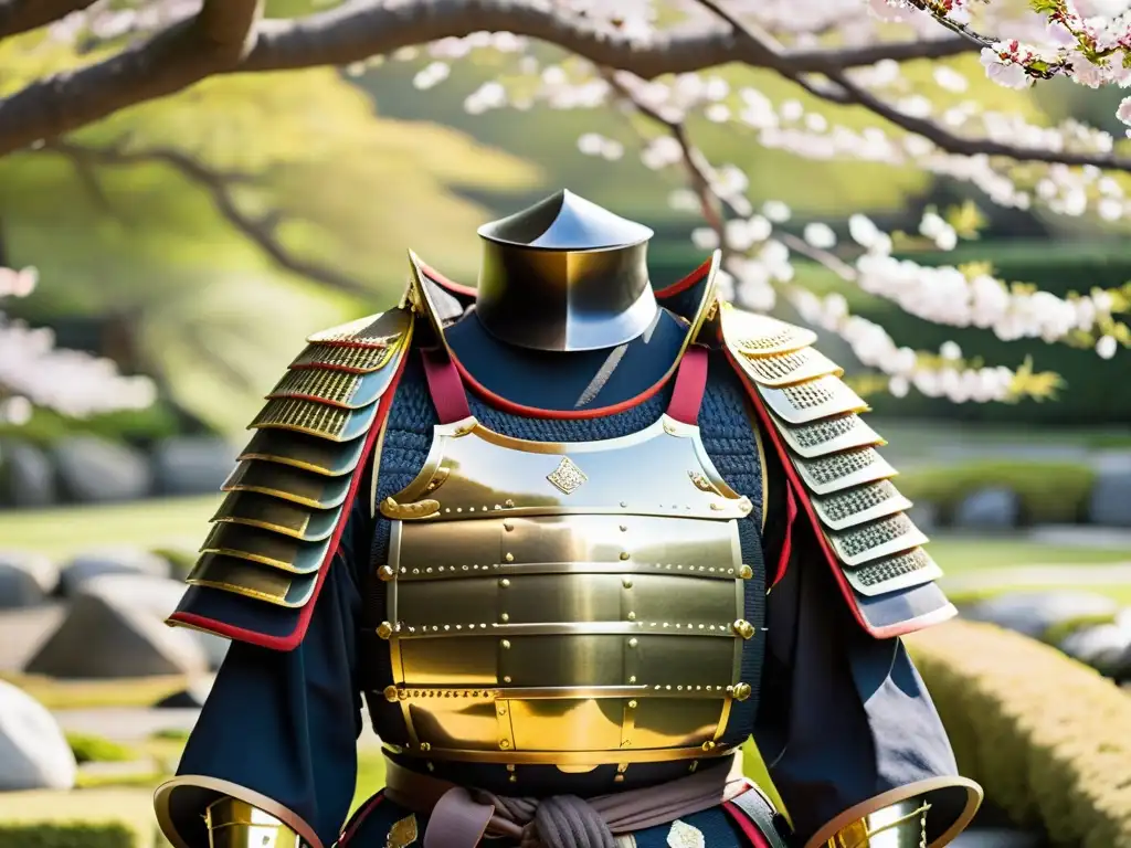 Una armadura samurái en un jardín japonés con influencia coreana y china, rodeada de belleza y espiritualidad