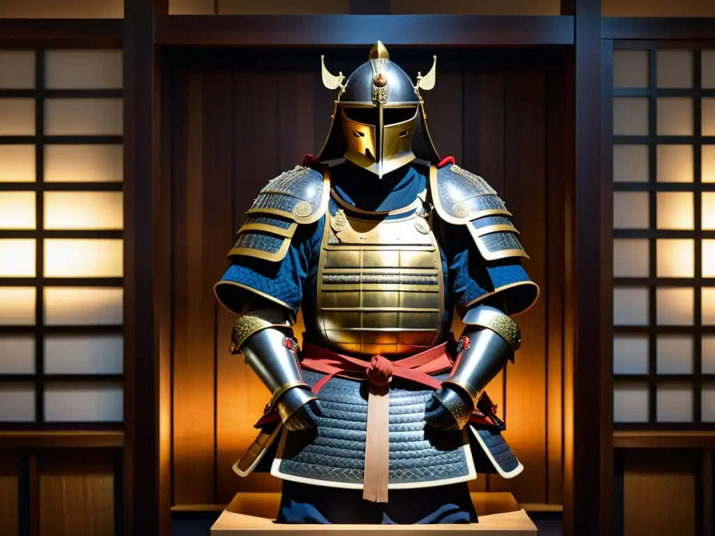 Una armadura samurái tradicional iluminada en un museo, evocando el legado del Bushido en la actualidad