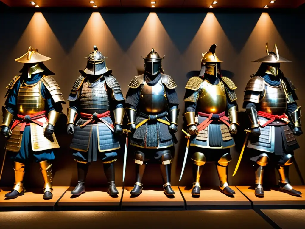 Varias armaduras samurái auténticas se exhiben en un museo con iluminación tenue, destacando su historia y utilidad