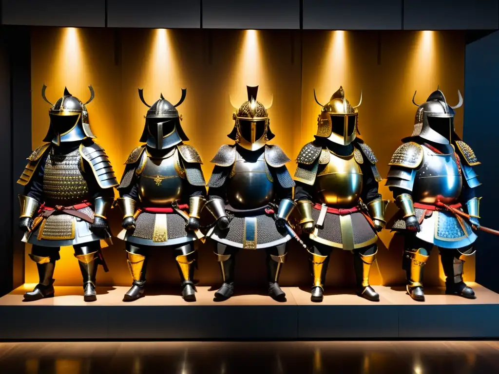 Exhibición de armaduras de samurái en museo iluminado, reflejando honor y legado de los Descendientes de Samuráis en Japón