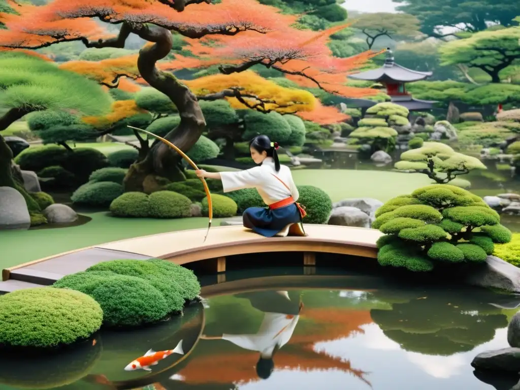 Arquería samurái y conexión naturaleza: Jardín japonés sereno con bonsáis, estanque de koi y arquero Kyudo en armonía con la naturaleza