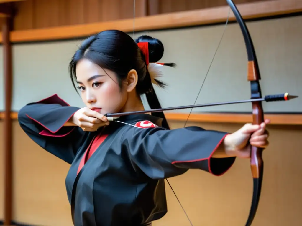 Un arquero de kyudo se concentra intensamente al tensar un arco y flecha tradicional japonés en un dojo sereno