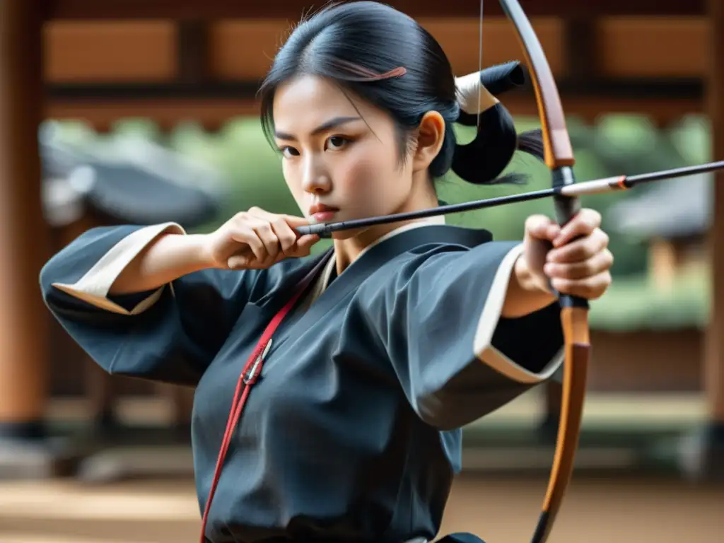 Un arquero de Kyudo se concentra intensamente mientras dibuja el arco, destacando la fuerza y la precisión de este entrenamiento mental y físico