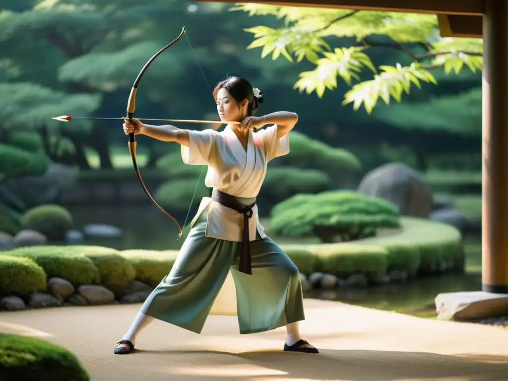 Un arquero en atuendo japonés practica Kyudo en un sereno jardín japonés, mostrando disciplina y calma