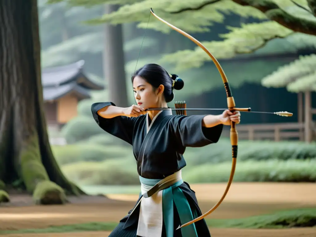 Un arquero de kyudo, vistiendo atuendo tradicional, muestra precisión samurái en un paisaje sereno y neblinoso