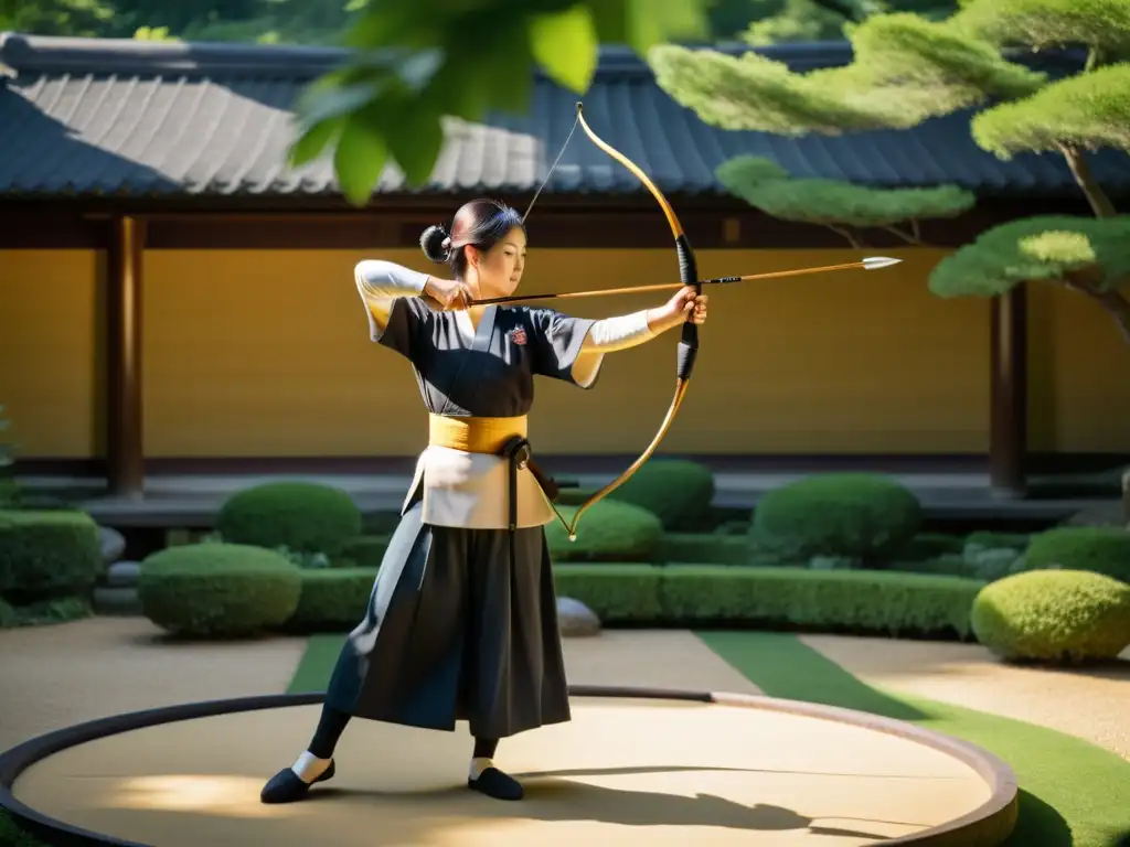 Un arquero de kyudo concentradamente tira del arco en un jardín japonés, irradiando equilibrio y filosofía del tiro con arco