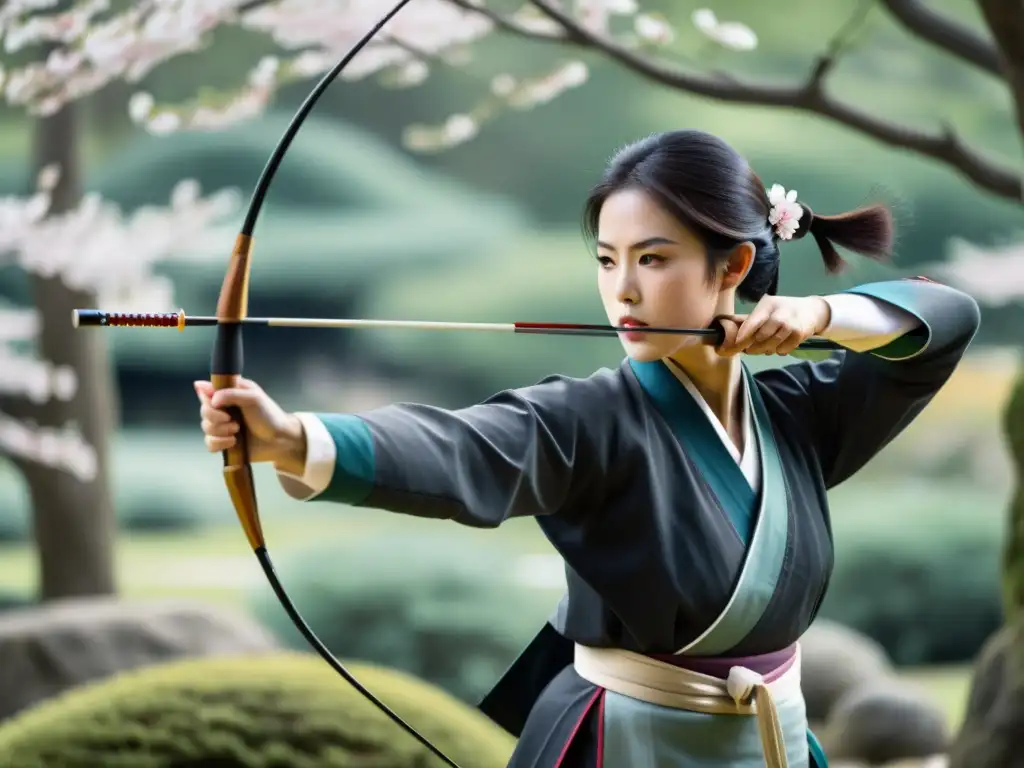 Un arquero de kyudo se prepara con precisión samurái, envuelto en la serenidad de un jardín japonés con flores de cerezo en flor