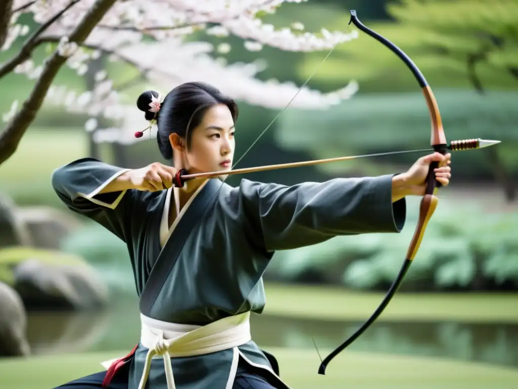 Un arquero experto en kyudo viste atuendo samurái y dibuja un arco con precisión en un jardín japonés sereno